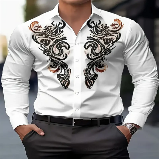 2025 nueva camisa clásica de moda retro para hombres, camisa informal imprescindible con botones de solapa para las cuatro estaciones, camisa estampada de estilo étnico para hombres