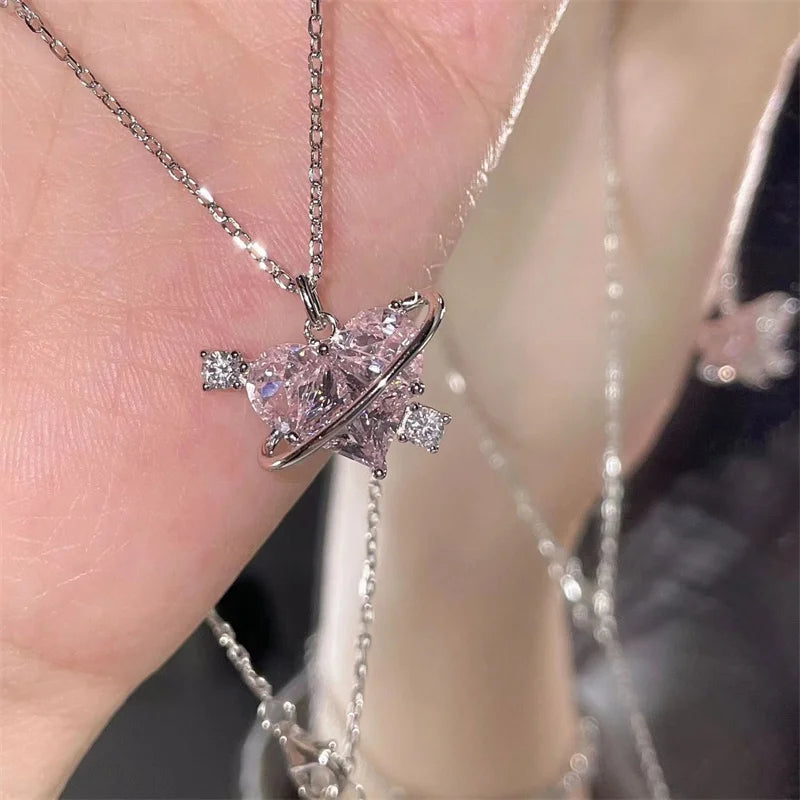 Collares con colgante de circonio y corazÃ³n de planeta rosa Y2K para mujer, collar de cadena de clavÃ­cula estÃ©tica a la moda, regalo del DÃ­a de San ValentÃ­n, joyerÃ­a para fiesta