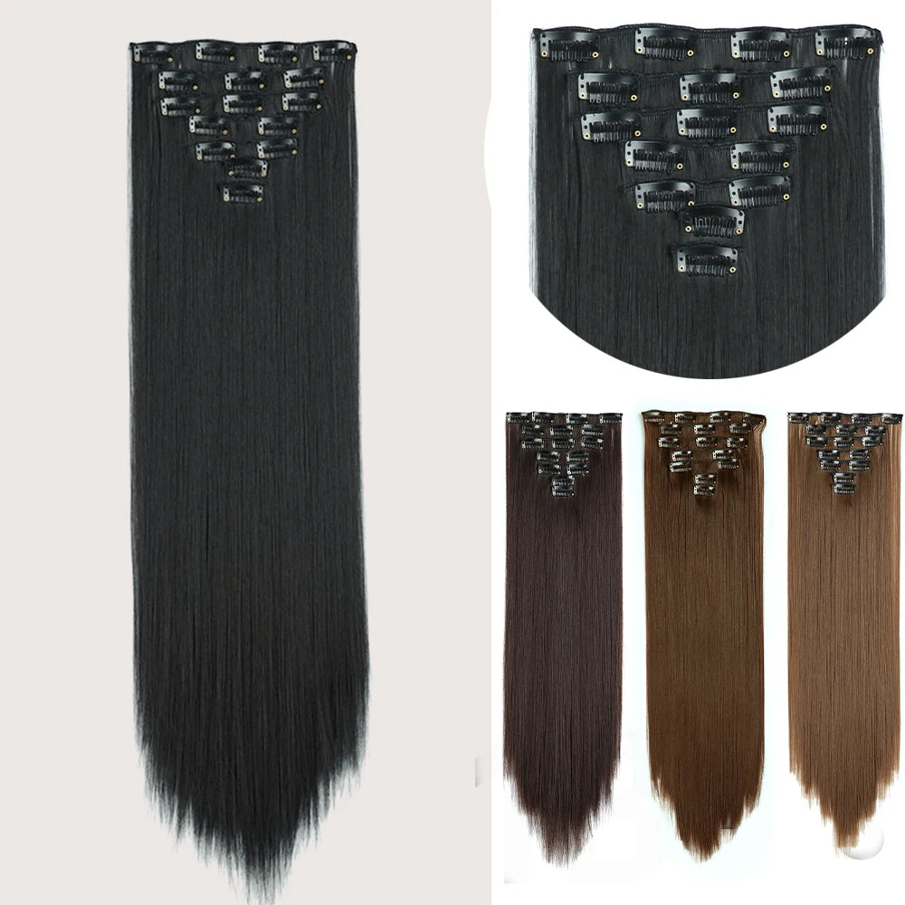 Extensiones de cabello sintÃƒÂ©tico largo y recto para mujer, 16 Clips, 7 unidades/juego, fibra de alta temperatura, negro, marrÃƒÂ³n, Rubio