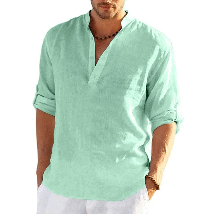 Nueva camiseta de manga larga de lino para hombre, camisa holgada informal transpirable de Color sÃ³lido, camisas de algodÃ³n para hombre, ropa de calle ligera de diseÃ±ador