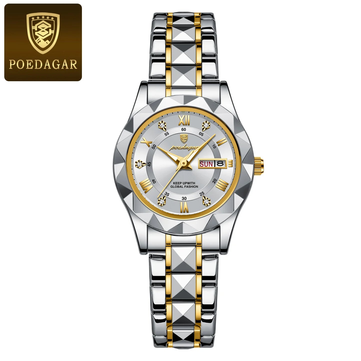POEDAGAR, reloj de lujo para mujer, luminoso, resistente al agua, con fecha semanal, reloj de pulsera para mujer, relojes de cuarzo de acero inoxidable para mujer, reloj + caja