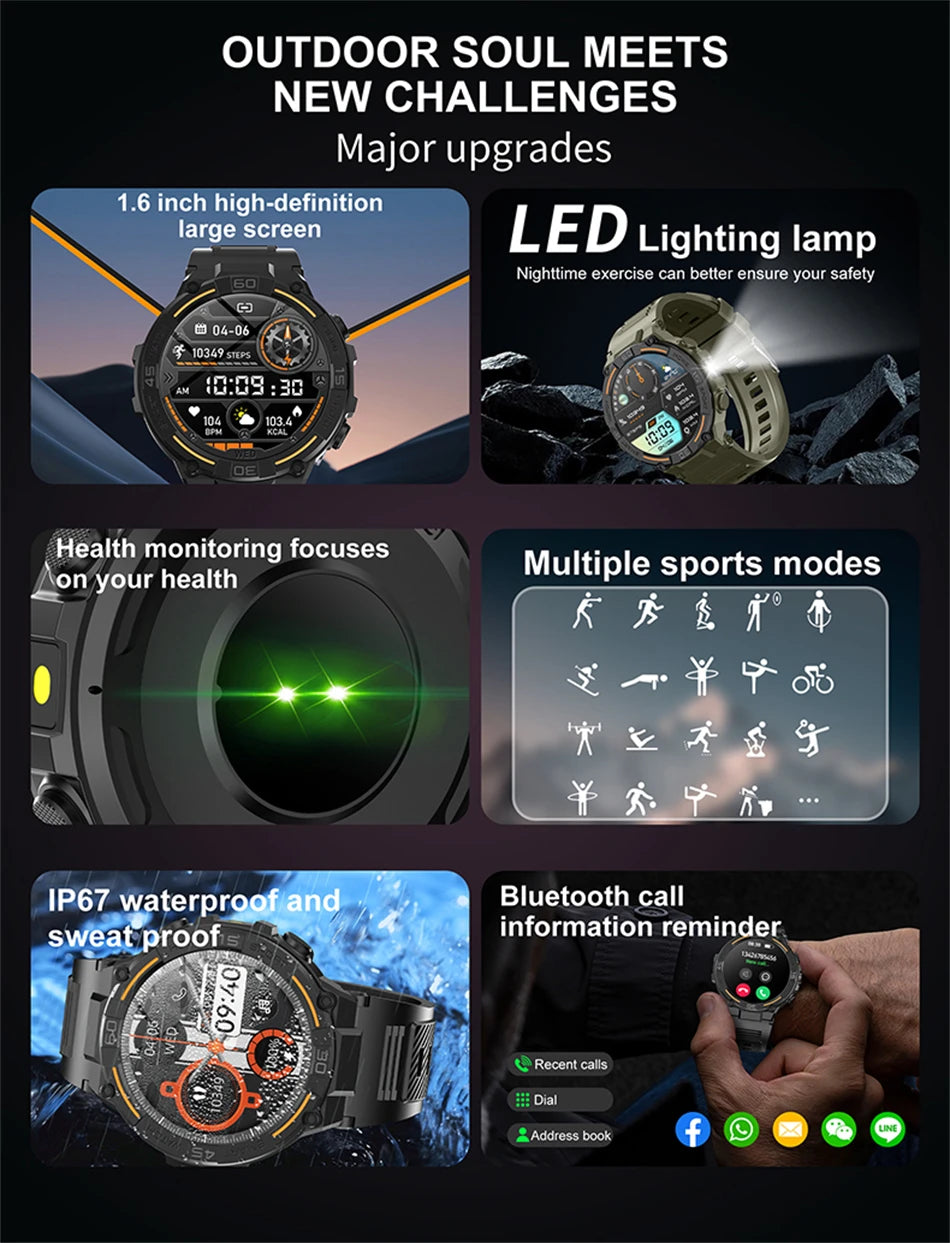 Reloj inteligente militar para hombre, dispositivo con pantalla HD de 360x360, linterna, control de la salud, resistente al agua, control del ritmo cardÃ­aco, llamadas BT, para Android e IOS