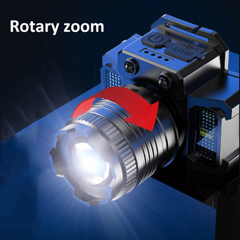 Nuevo Linterna frontal recargable por USB, linterna superbrillante, luz LED de inducción, resistente al agua, para acampar, móvil, intermitente