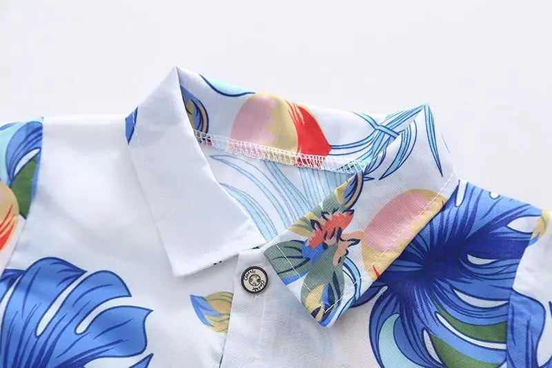 1 Juego de traje de viento de playa para niños y niñas, camisa estampada de manga corta + traje de pantalones cortos, ropa fina de verano para bebés