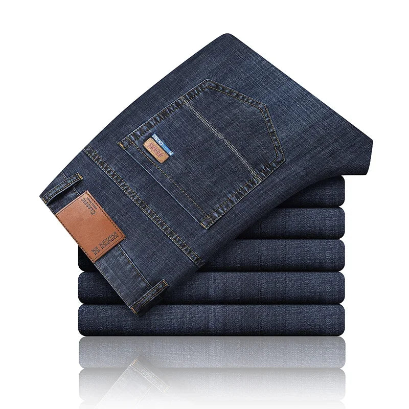 Nuevos pantalones vaqueros finos de seda de hielo para hombres, pantalones de algodÃ³n elÃ¡sticos rectos azules, pantalones ligeros informales de negocios para primavera y verano