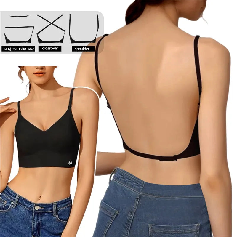 Sujetador Invisible de realce con espalda descubierta para mujer, sujetadores sexys de corte bajo, ropa interior de boda con espalda abierta, lencería sin costuras 2024