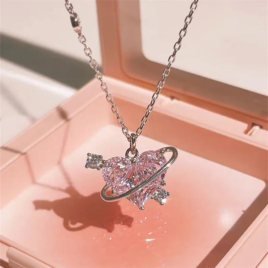 Collares con colgante de circonio y corazÃ³n de planeta rosa Y2K para mujer, collar de cadena de clavÃ­cula estÃ©tica a la moda, regalo del DÃ­a de San ValentÃ­n, joyerÃ­a para fiesta