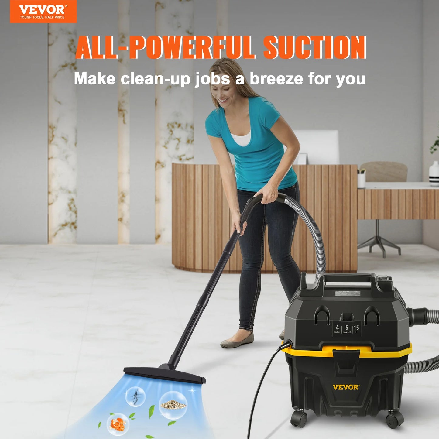 VEVOR-aspiradora portátil en seco y húmedo, 15L, para coche y electrodomésticos, potente aspirador de succión de 1200W y soplador de aire