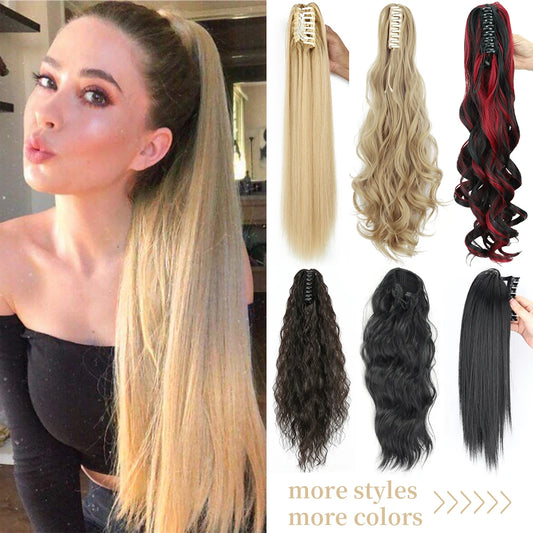 Extensiones de cabello de cola de caballo con Clip de garra larga y recta sintÃ©tica, pieza de cabello de cola de caballo resistente al calor de 24 pulgadas para mujer, fiesta diaria