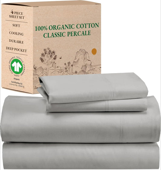 Juego de sábanas California King: sábanas suaves 100% algodón orgánico con bolsillos profundos, juego de cama transpirable y duradero de percal crujiente