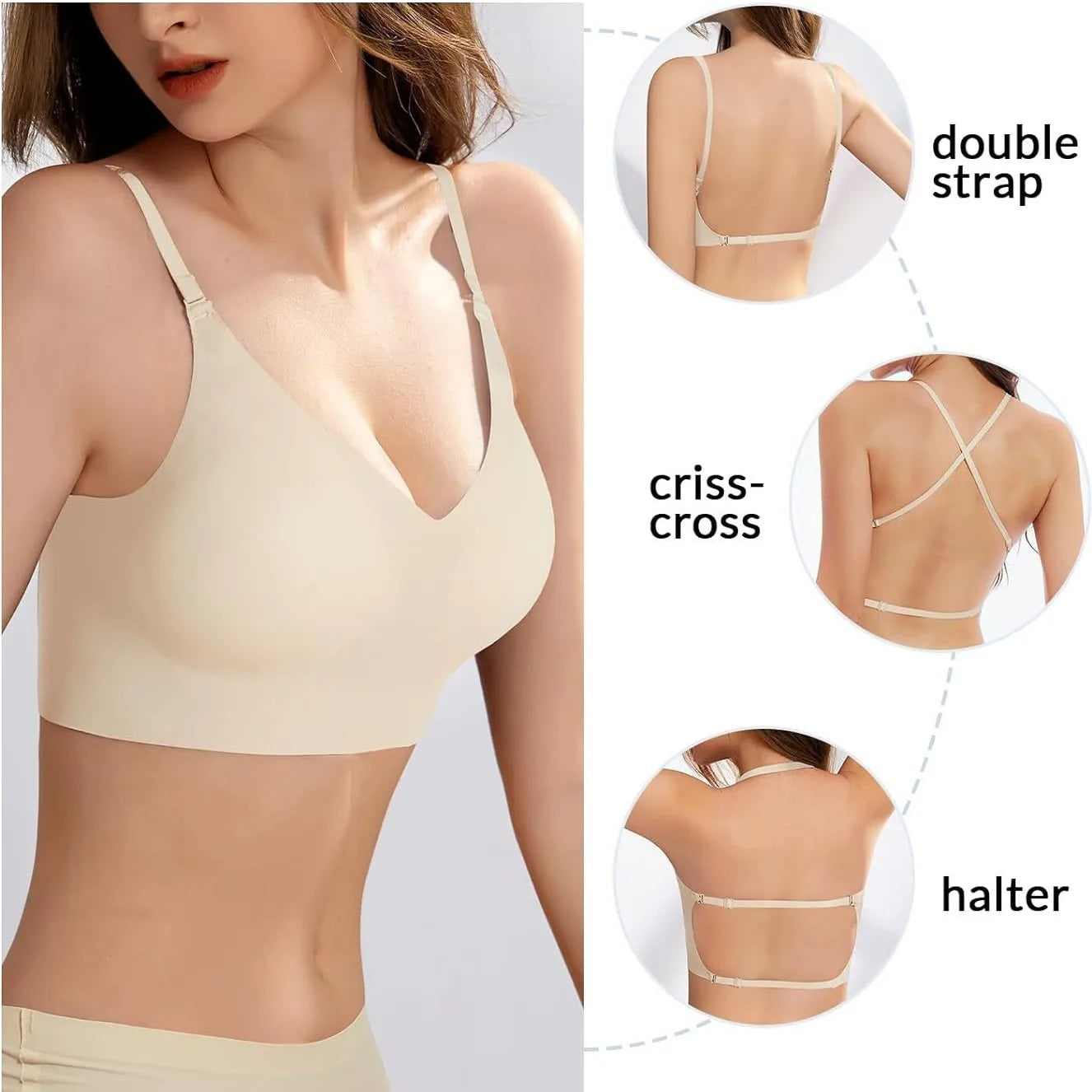 Sujetador sin costuras con espalda baja, soporte multidireccional, inalámbrico, sin espalda, Halter, Bralette acolchado, correas de elevación, sujetadores convertibles