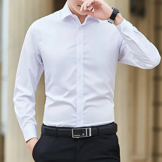 Nueva camisa de negocios de Color sÃ³lido de talla grande para hombre, camisa de manga larga blanca ajustada informal bÃ¡sica clÃ¡sica a la moda, ropa de marca