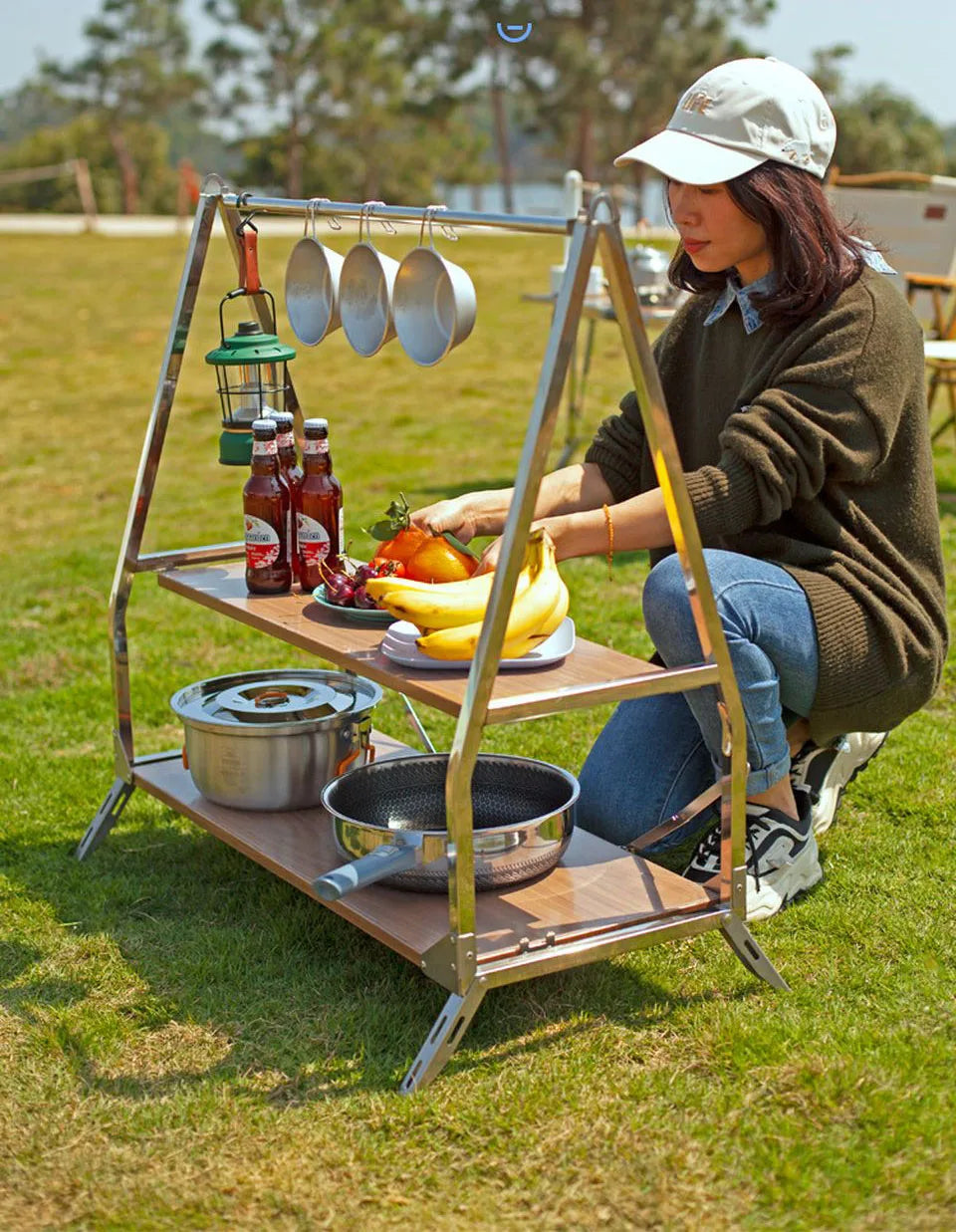 Estante de almacenamiento para acampar al aire libre, estante plegable portátil, estante de almacenamiento para jardín, soporte de acero inoxidable