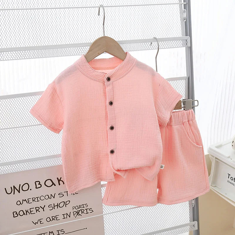 1 Juego de ropa de verano para niños y niñas, camisetas de algodón puro liso + pantalones cortos elásticos, ropa para niños, conjuntos de ropa informal para niños