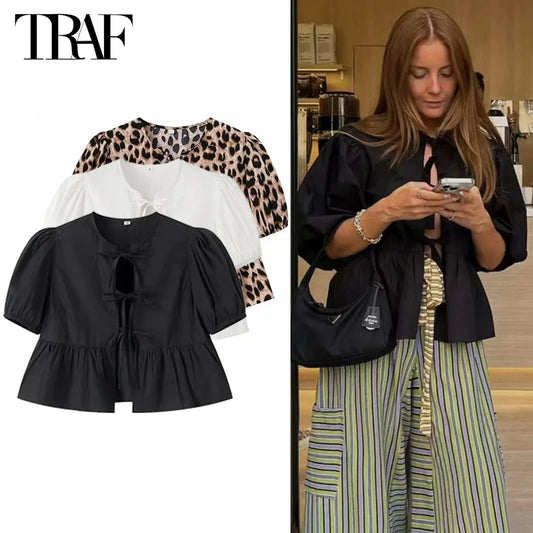TRAF-Blusas con volantes para mujer, camisas y blusas con mangas abullonadas para mujer, Top corto fruncido blanco y negro, blusa fruncida para mujer 2024