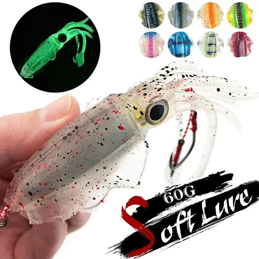 ZUKIBO-cebo de calamar suave para pesca, seÃ±uelo de pesca con curricÃ¡n, plantillas con cabeza de pulpo, plantilla de calamar UV luminosa de 60g para pesca en barcos de aguas profundas, cebo Wobblers