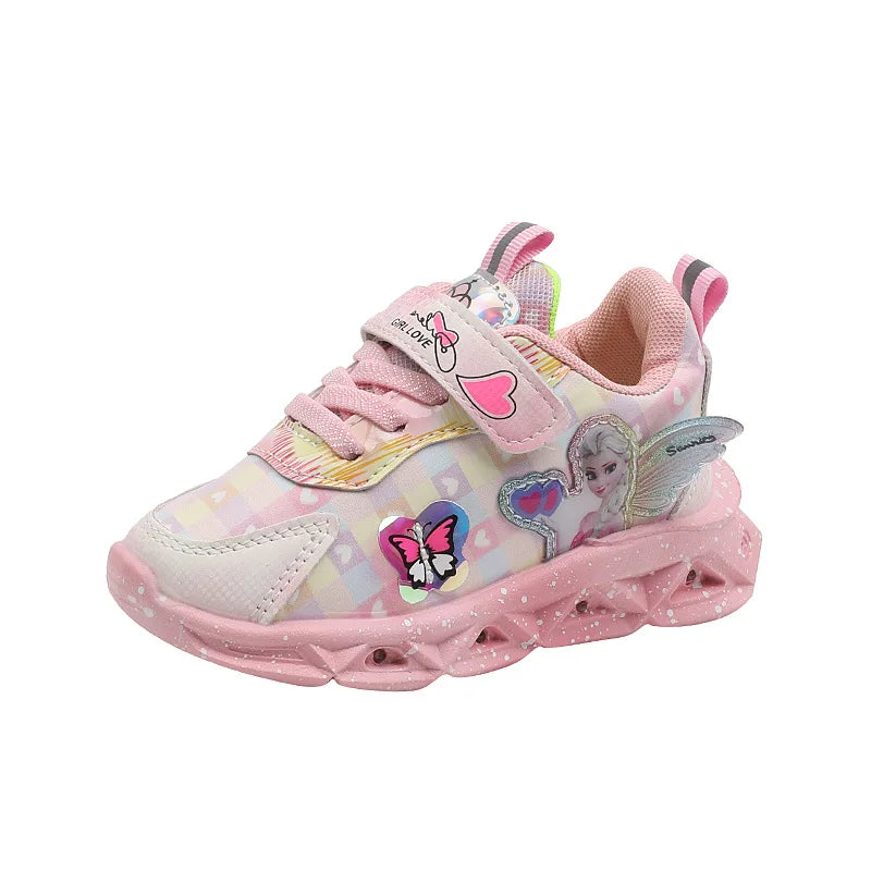 Zapatillas de deporte informales LED de Disney para niñas de primavera, zapatos de cuero Pu con estampado de princesa Elsa de Frozen, antideslizantes, iluminados, rosa y morado