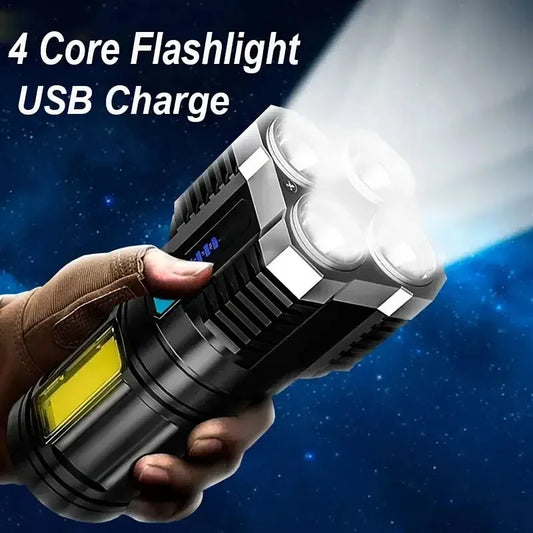 Linterna LED de luz fuerte para acampar, 4 lámparas y luces laterales COB, linterna de mano portátil recargable por USB para exteriores