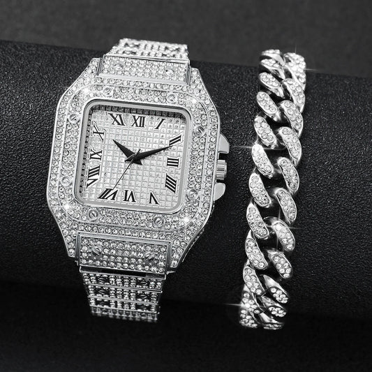 Reloj de pulsera de cuarzo para hombre y mujer, pulsera de acero inoxidable plateado con diamantes de moda, conjunto de 2 unidades