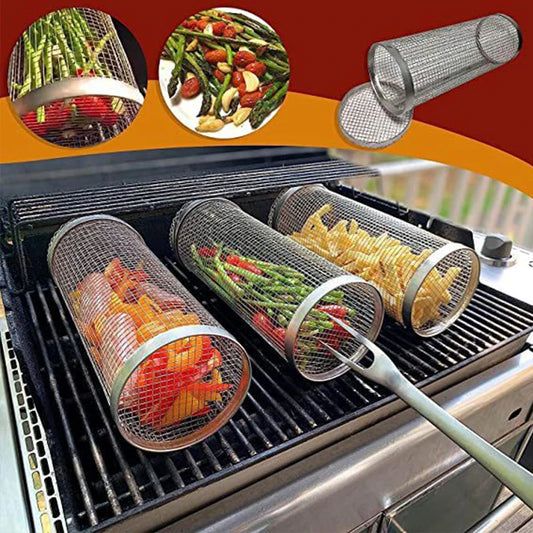 Cesta para parrilla de barbacoa, cesta rodante para asar, jaulas para barbacoa, parrilla cilÃ­ndrica, cestas para asar para acampar al aire libre