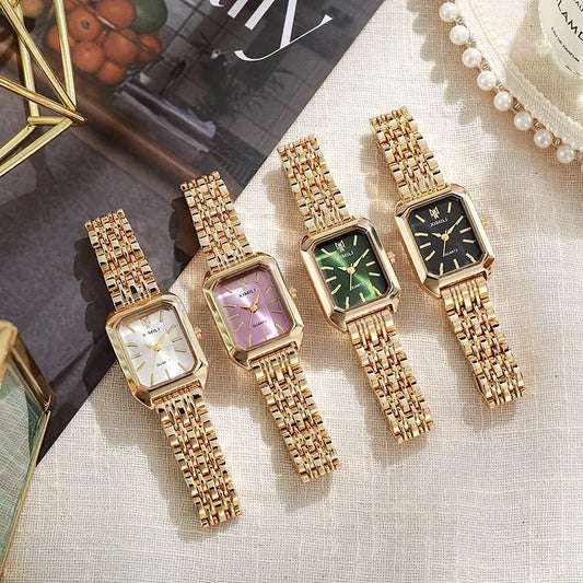 Reloj con correa de acero inoxidable para mujer, reloj de pulsera de cuarzo de regalo de lujo, relojes de cuarzo cuadrados simples a la moda para estudiantes, 2025