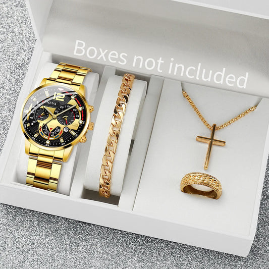 Conjunto de relojes de negocios para hombre, pulsera de acero dorado, analÃƒÂ³gico, de cuarzo, sin caja, 4 unidades