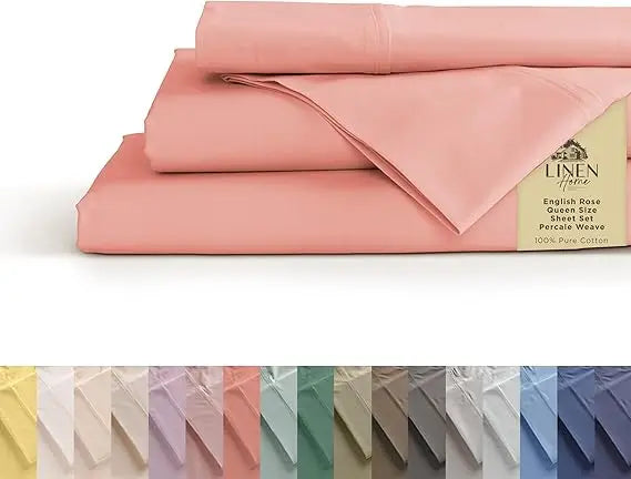 Sábanas de percal 100% algodón tamaño Queen, crema, bolsillo profundo, juego de 4 piezas: 1 sábana bajera plana, 1 bolsillo profundo y 2 fundas de almohada,