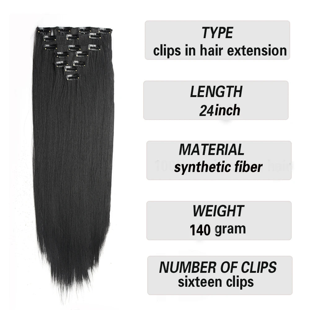 Extensiones de cabello sintÃƒÂ©tico largo y recto para mujer, 16 Clips, 7 unidades/juego, fibra de alta temperatura, negro, marrÃƒÂ³n, Rubio