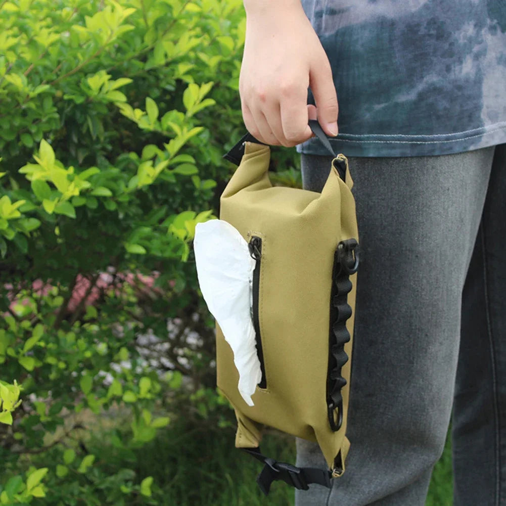 Caja de pañuelos húmedos para exteriores, dispensador de toallitas húmedas de papel de lona, almacenamiento colgante para accesorios de Camping al aire libre