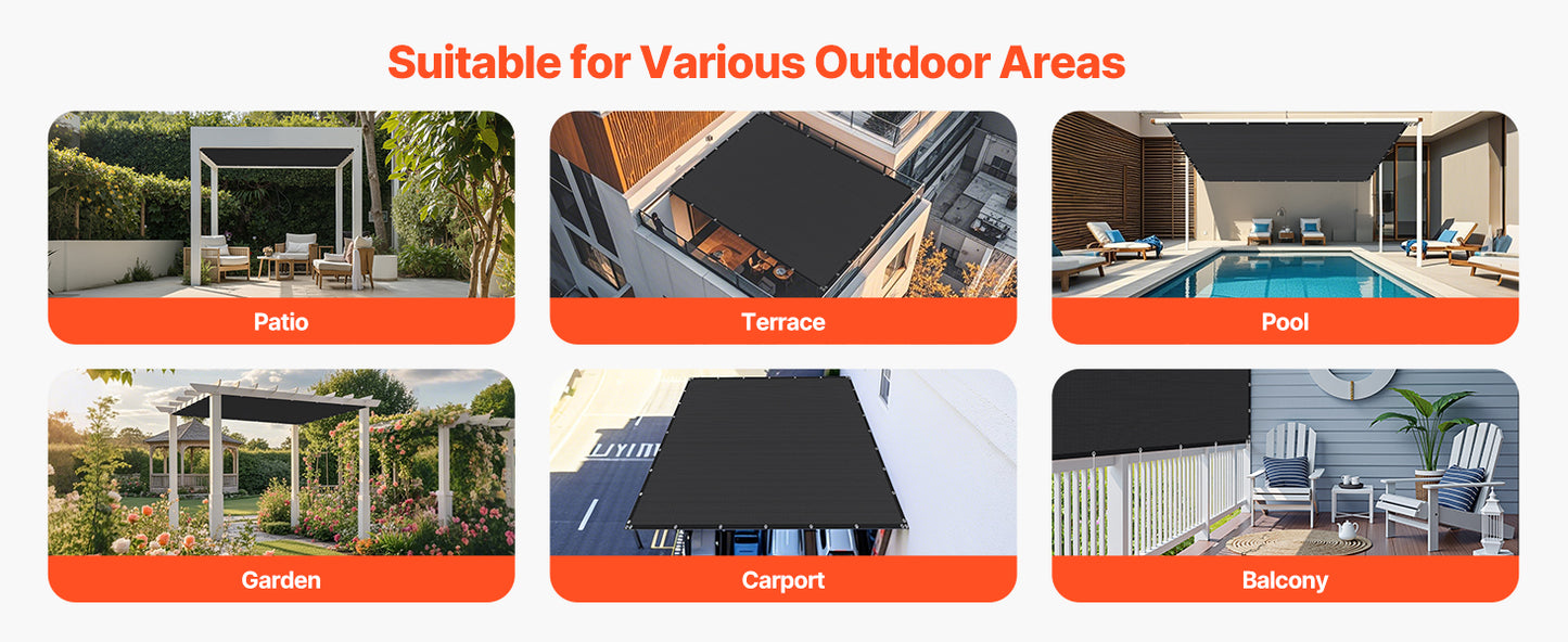 VEVOR Toldo de Sombra 305 x 305 cm Tela Parasol con Ojales de Acero Inoxidable Red de Sombreado HDPE 140 g/m² Tejido de Protección con 30 Bridas para Exteriores, Patios, Jardines, Terrazas, Negro